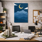 cuadro canvas paisajes digitales montañas azules luna creciente vertical