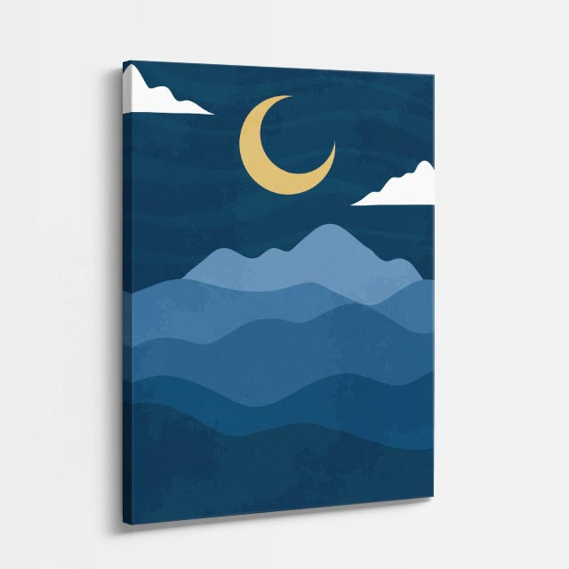 cuadro canvas paisajes digitales montañas azules luna creciente vertical