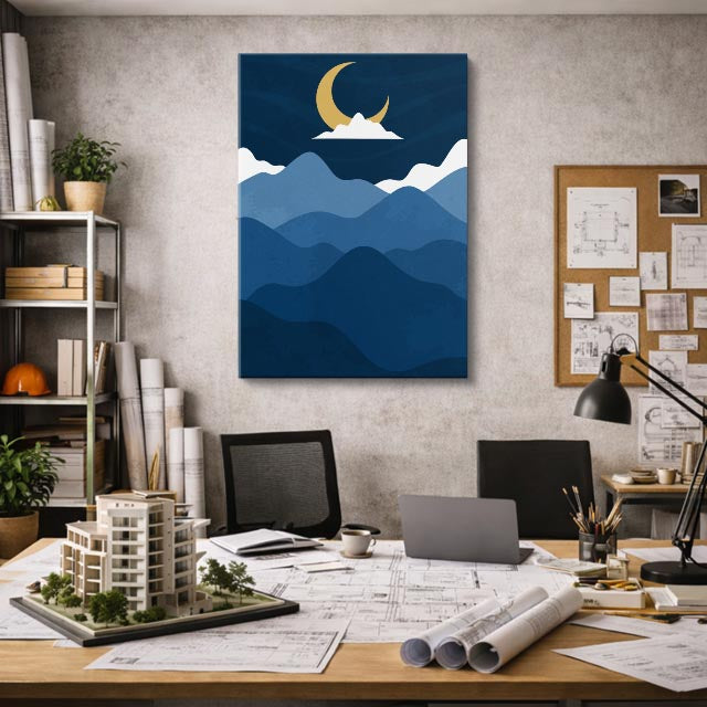 cuadro canvas paisajes digitales montañas azules nubes luna vertical