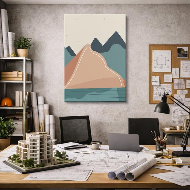 cuadro canvas paisajes digitales montañas teal beige capas vertical