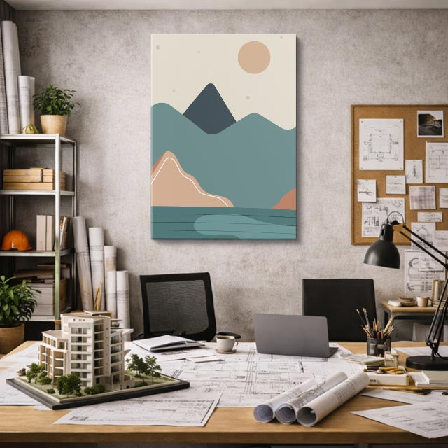 cuadro canvas paisajes digitales montañas teal rosadas capas vertical