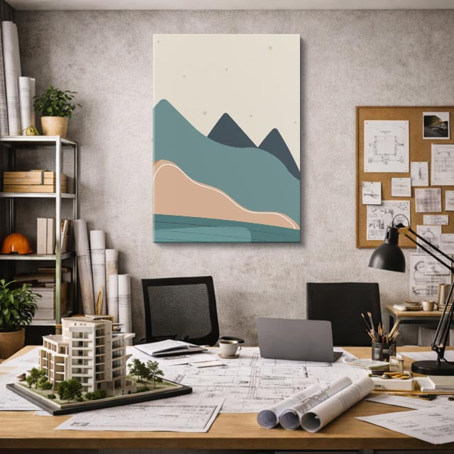 cuadro canvas paisajes digitales montañas teal claras suaves vertical