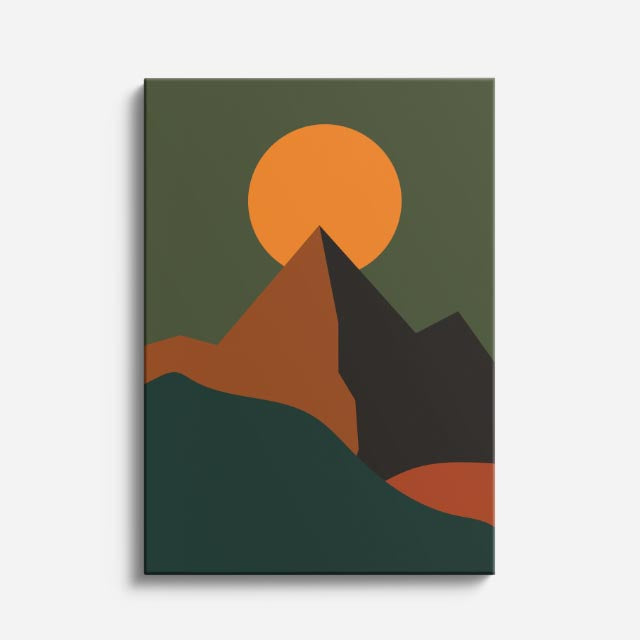 cuadro canvas paisajes digitales montaña verde sol grande naranja vertical