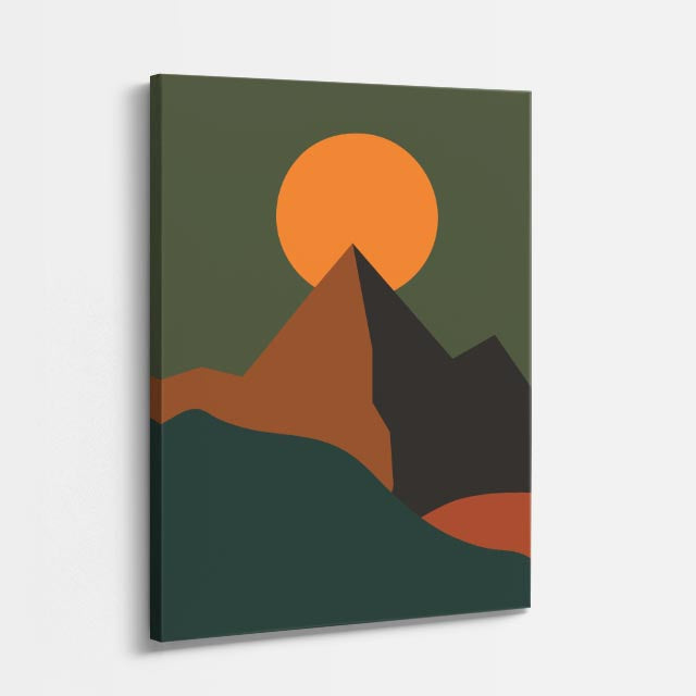 cuadro canvas paisajes digitales montaña verde sol grande naranja vertical