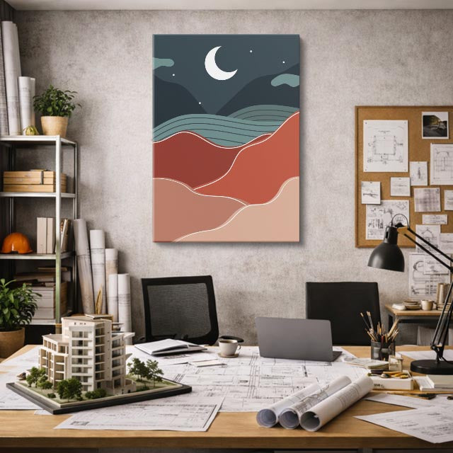 cuadro canvas paisajes digitales montañas rojas luna creciente vertical