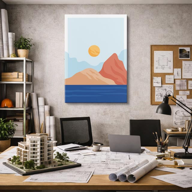 cuadro canvas paisajes digitales montañas rojas sol suave vertical