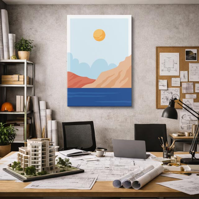 cuadro canvas paisajes digitales montañas rojas sol naranja vertical