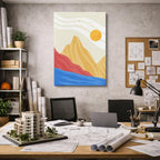 cuadro canvas paisajes digitales montañas grises sol amarillo vertical