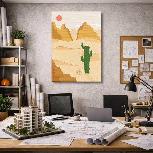 cuadro canvas paisajes digitales cactus duna sol rojo vertical