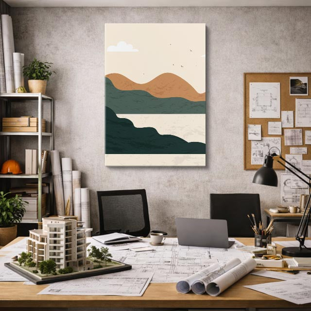 cuadro canvas paisajes digitales colinas verdes teal lago vertical