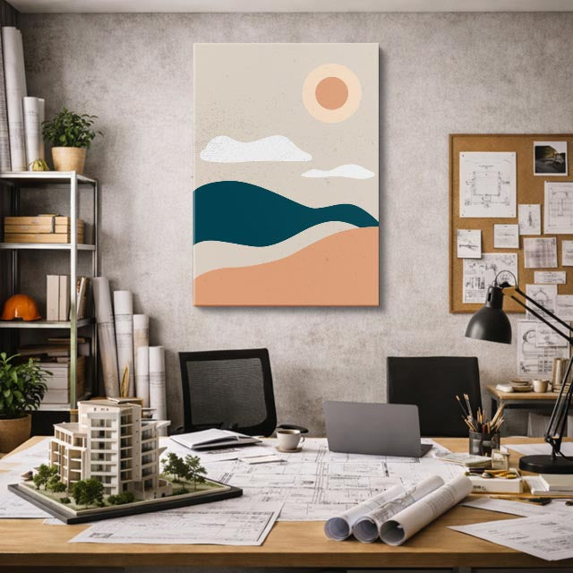 cuadro canvas paisajes digitales colinas teal sol naranja vertical