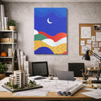 cuadro canvas paisajes digitales montañas azules luna roja vertical