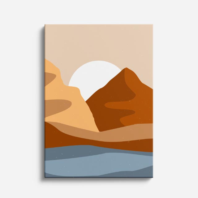cuadro canvas paisajes digitales montañas naranja lago azul vertical