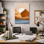 cuadro canvas paisajes digitales montañas naranja lago azul vertical