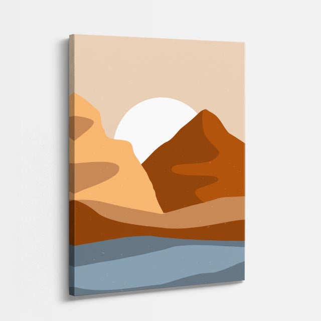 cuadro canvas paisajes digitales montañas naranja lago azul vertical