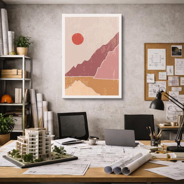 cuadro canvas paisajes digitales montañas rosas sol rojo vertical