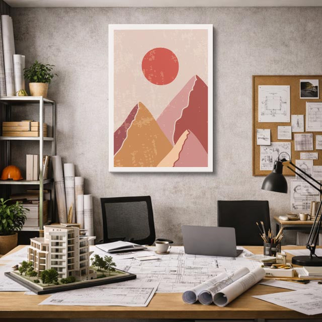 cuadro canvas paisajes digitales montañas rosas sol rojo suave vertical