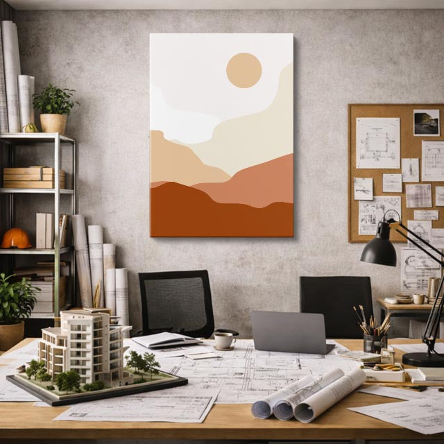 cuadro canvas paisajes digitales montañas tierra sol naranja suave vertical