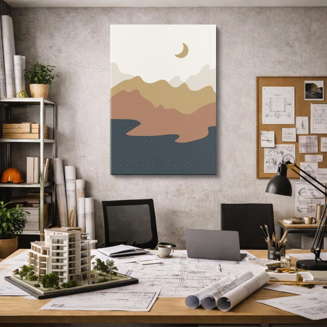 cuadro canvas paisajes digitales montañas grises luna media vertical