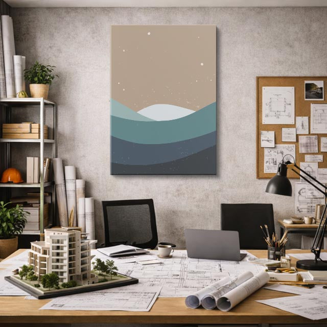 cuadro canvas paisajes digitales colinas grises teal capas vertical