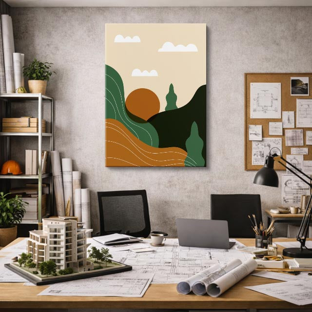 cuadro canvas paisajes digitales bosque lago sol naranja vertical