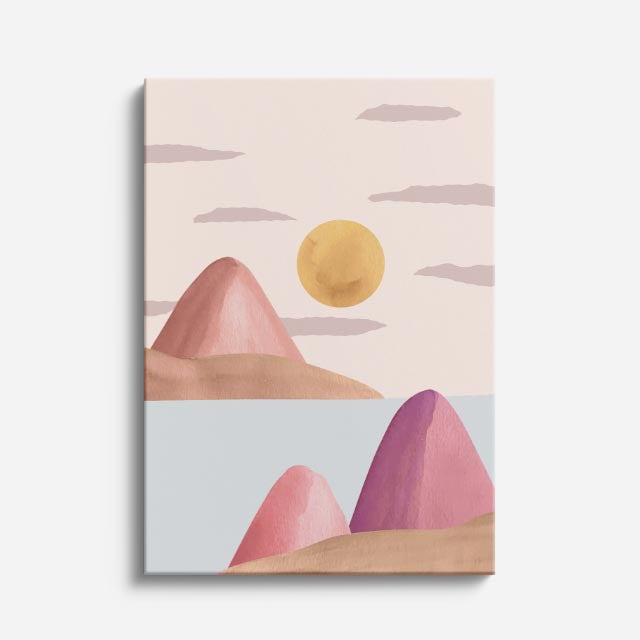 cuadro canvas paisajes digitales montañas rosas sol suave pastel vertical