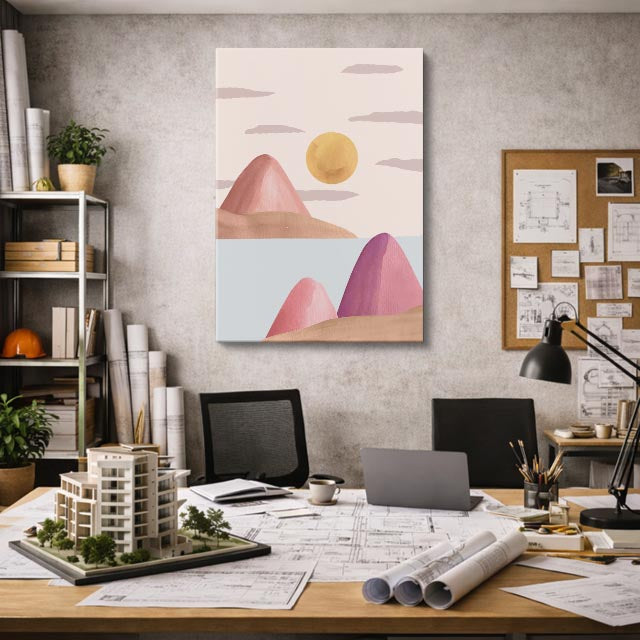 cuadro canvas paisajes digitales montañas rosas sol suave pastel vertical