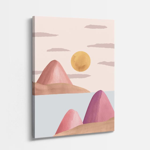 cuadro canvas paisajes digitales montañas rosas sol suave pastel vertical