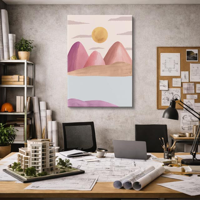 cuadro canvas paisajes digitales montañas rosas acuarela suave vertical
