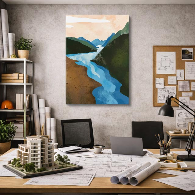 cuadro canvas paisajes digitales río verde acuarela suave vertical