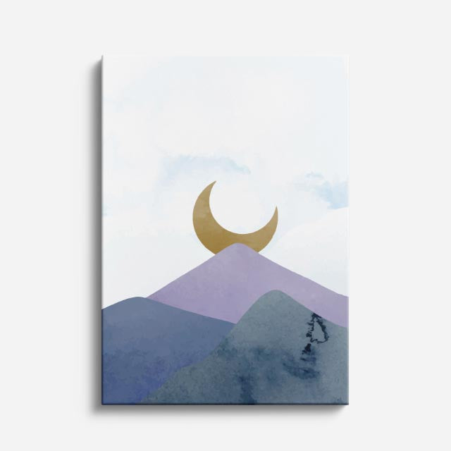 cuadro canvas paisajes digitales montañas moradas luna acuarela vertical