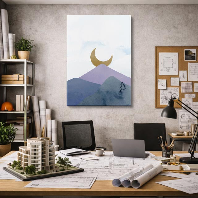 cuadro canvas paisajes digitales montañas moradas luna acuarela vertical