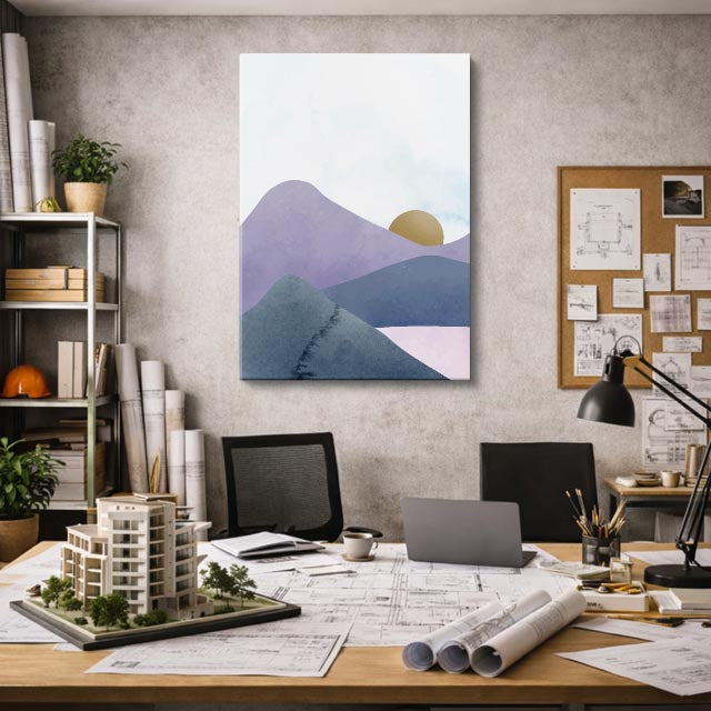 cuadro canvas paisajes digitales montañas moradas acuarela pastel vertical