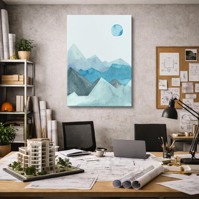 cuadro canvas paisajes digitales montañas azules sol acuarela vertical