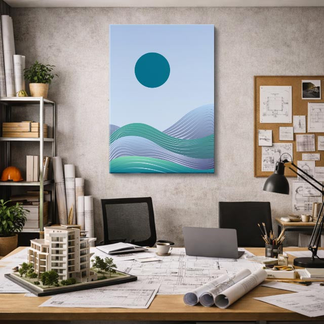 cuadro canvas paisajes digitales colinas teal sol azul trazo vertical