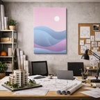 cuadro canvas paisajes digitales ondas pastel sol rojo trazo vertical