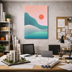 cuadro canvas paisajes digitales ondas teal sol rojo trazo vertical