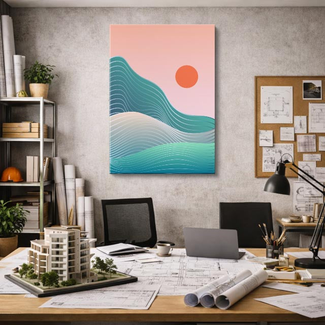 cuadro canvas paisajes digitales ondas teal sol rojo trazo vertical