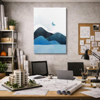 cuadro canvas paisajes digitales montañas azules luna acuarela suave vertical