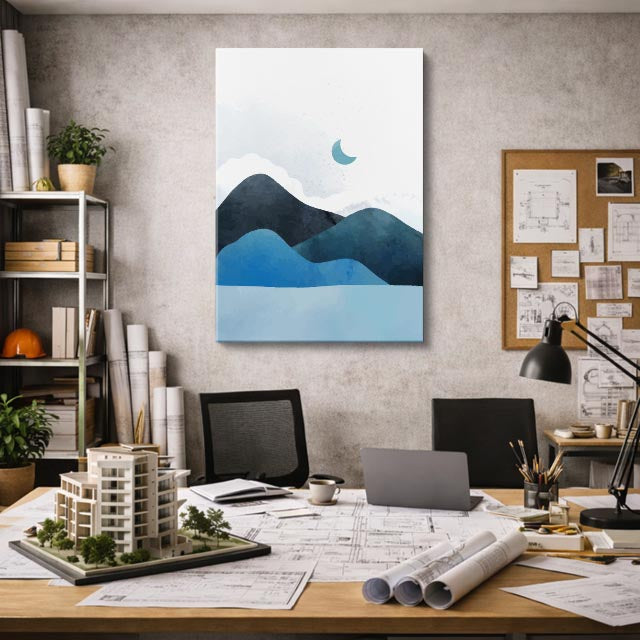 cuadro canvas paisajes digitales montañas azules luna acuarela suave vertical