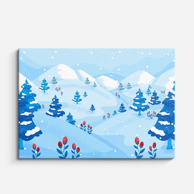 cuadro canvas montañas y nieve lago nevado árboles rojos horizontal