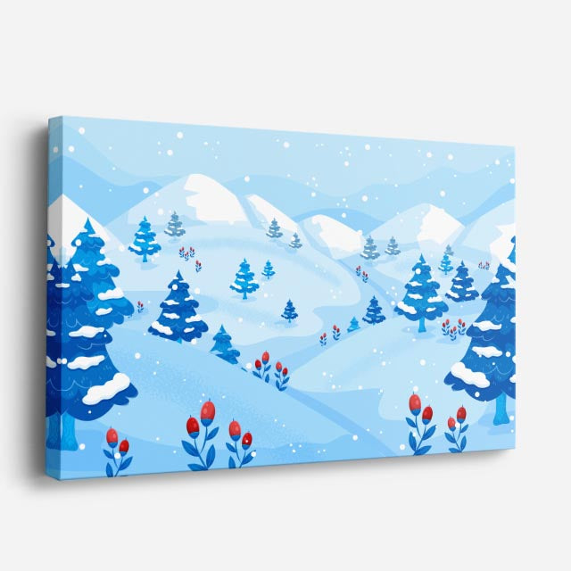 cuadro canvas montañas y nieve lago nevado árboles rojos horizontal