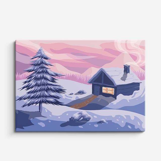 cuadro canvas montañas y nieve cabaña iluminada nieve morada horizontal