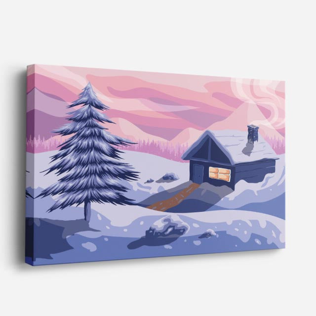 cuadro canvas montañas y nieve cabaña iluminada nieve morada horizontal