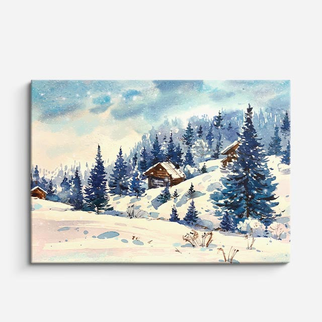 cuadro canvas montañas y nieve cabaña nevada noche azul horizontal
