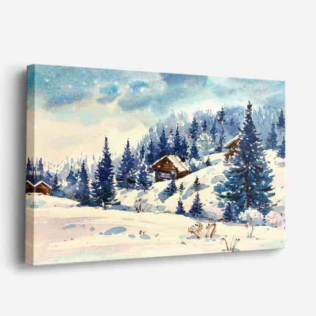 cuadro canvas montañas y nieve cabaña nevada noche azul horizontal