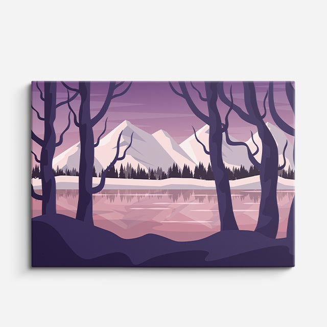 cuadro canvas montañas y nieve bosque morado lago nevado horizontal