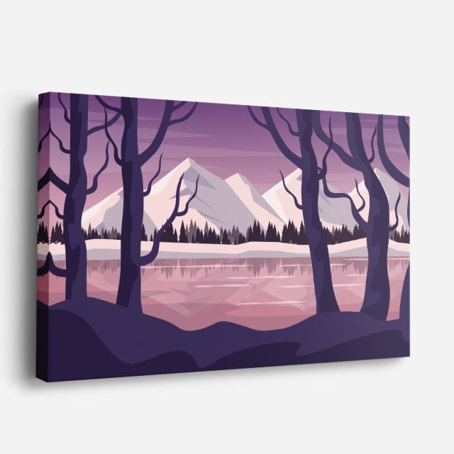 cuadro canvas montañas y nieve bosque morado lago nevado horizontal