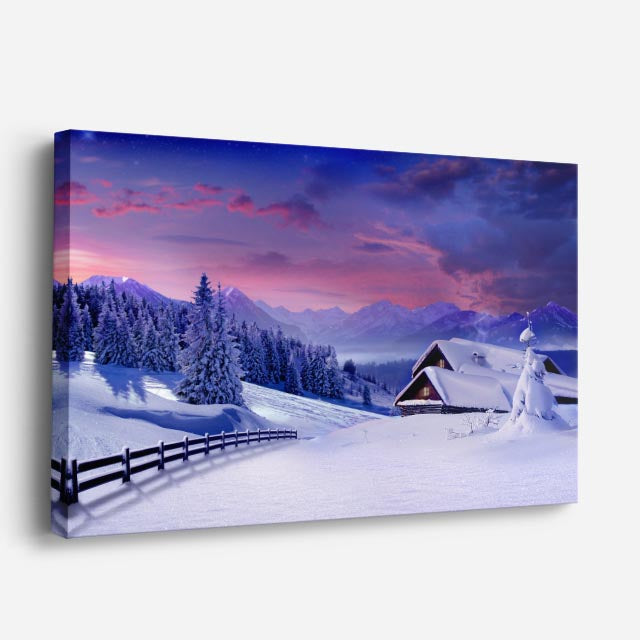 cuadro canvas montañas y nieve cabaña nevada noche fría horizontal