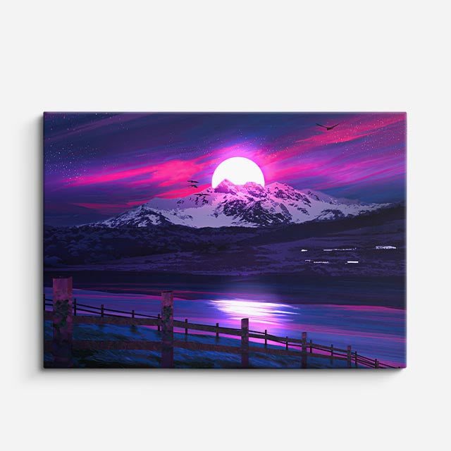 cuadro canvas montañas y nieve lago nevado atardecer rosa morado horizontal